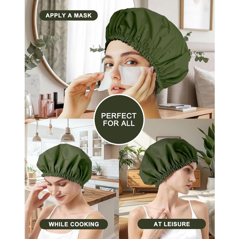 CHFONG Shower Cap for Women, Double Layer Waterproof Bath Cap, Reusable Hair Protector, Large Waterproof Shower Bonnet Washable Elastic Band Bath Hair Hat for Long Hair, Braids， - Dark Green - Image 3